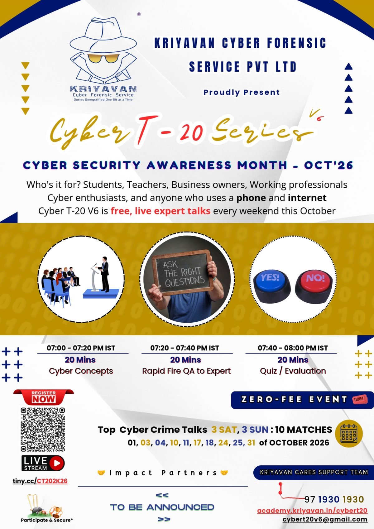 Kriyavan Cyber T-20 V6 poster — Cyber Security Awareness Month, October 2026, free live expert talks